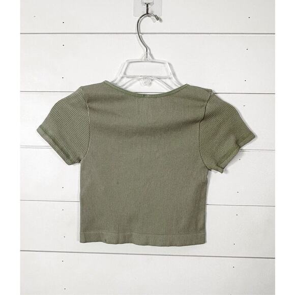 ANWND Women's Green Snap Ribbed Straight Hem Short Sleeve Crop Top Size M/L - Picture 7 of 10